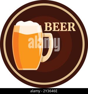 Logo con un bicchiere di birra con schiuma, su sfondo marrone, ideale per birrifici, bar e pub Illustrazione Vettoriale