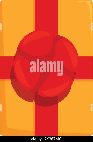 Confezione regalo dorata avvolta con nastro rosso e ricoperta da un fiocco, come si vede dall'alto Illustrazione Vettoriale