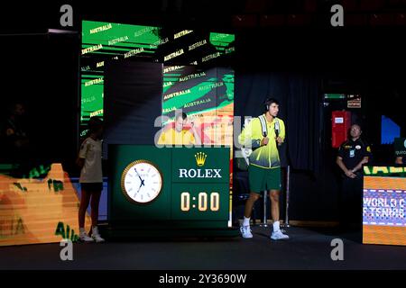 Valencia, Spagna. 12 settembre 2024. Alexei Popyrin, squadra australiana vista durante la finale di Coppa Davis del gruppo B singolo 1 al Pabellon Municipal de Fuente San Luis. L'Australia vince la Cechia per 1/0. Credito: SOPA Images Limited/Alamy Live News Foto Stock