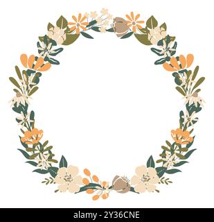 Fiori selvatici e foglie fanno da cornice alla corona floreale Illustrazione Vettoriale