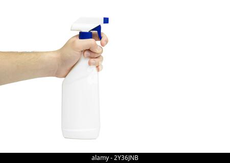 Flacone spray in plastica bianca con impugnatura maschio isolato su sfondo bianco Foto Stock