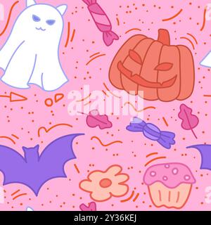 Simpatico motivo Halloween senza cuciture. Gatto fantasma, zucca, mazza, caramelle. Illustrazione Vettoriale