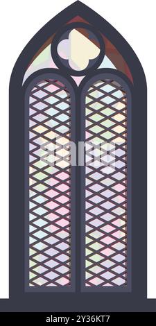 Finestra gotica in vetro colorato con design a luce diretta che illumina l'interno di una chiesa con luce colorata Illustrazione Vettoriale
