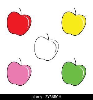 Set di mele vettoriali di colore, isolate su sfondo bianco. Contorno rosso, giallo, verde, rosa e nero Illustrazione Vettoriale