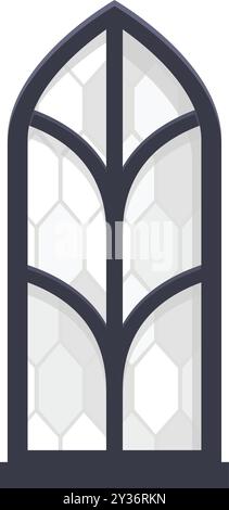Finestra gotica medievale ad arco con arco in pietra e design geometrico in vetro, elemento architettonico su sfondo bianco Illustrazione Vettoriale