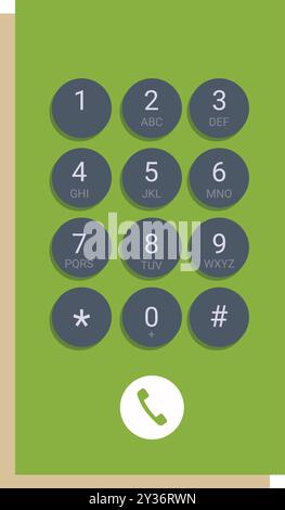 Tastiera dello smartphone su sfondo verde con numeri e pulsante di chiamata Illustrazione Vettoriale