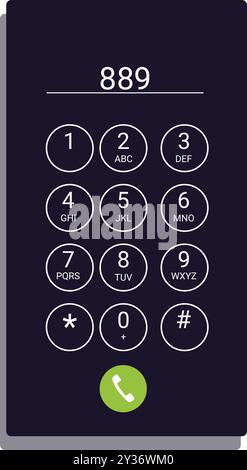 Lo smartphone visualizza il numero 889 nella parte superiore e attende che venga premuto il pulsante di chiamata Illustrazione Vettoriale