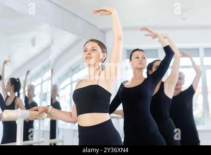 Gruppo di donne che praticano al balletto barre Foto Stock