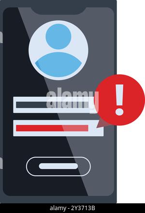 Sullo smartphone che visualizza un profilo utente viene visualizzata una notifica di errore con un punto esclamativo Illustrazione Vettoriale