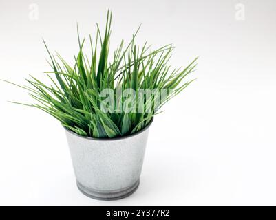 Erba artificiale in vaso di fiori di metallo isolato su sfondo bianco Foto Stock