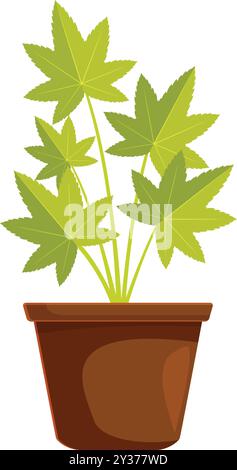 La pianta in vaso con sette foglie verdi vibranti cresce aggraziatamente in una semplice pentola marrone Illustrazione Vettoriale