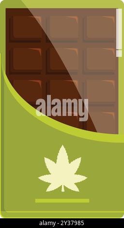 Confezione verde che mostra una barretta di cioccolato all'interno e un logo a foglia di cannabis, per il marketing e la promozione dei prodotti alimentari Illustrazione Vettoriale