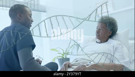 Immagine di filamenti di dna su medico afroamericano maschile e paziente anziano femminile nel letto d'ospedale Foto Stock