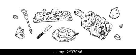 platte di vino e formaggio. Tagliere di salumi. Disegno della calligrafia del cibo in stile boodle sketch. Cheddar, parmigiano, gouda, brie, gorgonzola fette e pezzi. Illustrazione Vettoriale