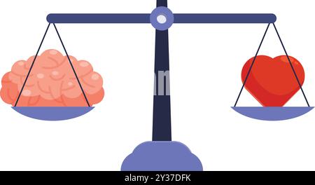 Bilancia a confronto tra cuore umano e cervello che pesano la logica e i sentimenti in cerca di intelligenza emotiva Illustrazione Vettoriale