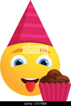 Emoji dei cartoni animati che indossa un cappello rosa da festa leccando con impazienza un cupcake al cioccolato Illustrazione Vettoriale