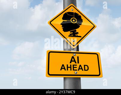 AI Artificial Intelligence Warning sign as Job Displacement with a robot and robotic Technology concept as a traffic sign with a futuristic humanoid c Foto Stock