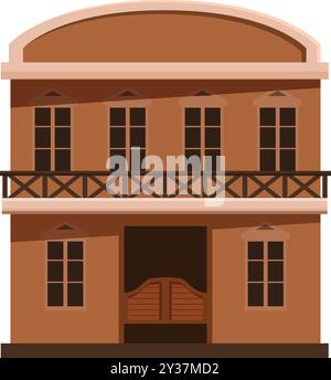 Facciata del Wild West Saloon con balcone e porte oscillanti, in stile piatto Illustrazione Vettoriale