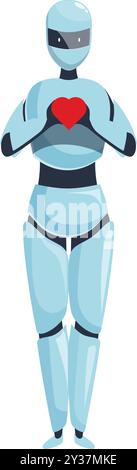Robot che esprimono emozioni, tengono il cuore rosso in mano, concetto di intelligenza artificiale Illustrazione Vettoriale