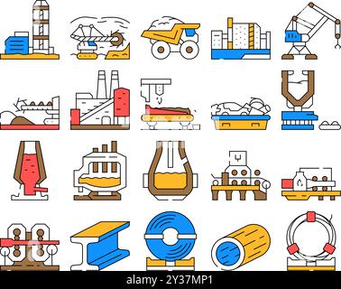 industria siderurgica settore metallurgico icone set vettore Illustrazione Vettoriale