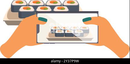 Donna che usa lo smartphone per scattare foto di sushi roll su sfondo bianco Illustrazione Vettoriale