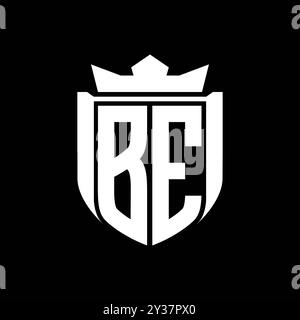 Logo BE Letter con forma a scudo all'interno dello scudo logo corona su sfondo nero modello Foto Stock