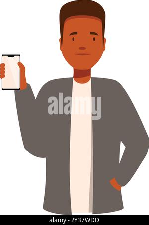 Il personaggio maschile di un giovane adulto regge uno smartphone con uno schermo bianco vuoto Illustrazione Vettoriale