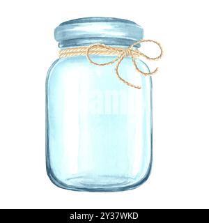 Bicchiere vuoto con coperchio e corda attorcigliata a prua. Recipiente trasparente per liquido o cereali. Illustrazione ad acquerello disegnata a mano isolata. Utensile per Foto Stock