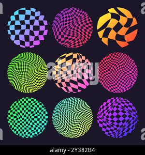 Motivo a scacchi scanalato, griglia piastrellata rotonda al neon. Sfondo ricurvo ondulato vintage, effetto di distorsione. Stravagante motivo geometrico a scacchiera, sfondo retrò Illustrazione Vettoriale