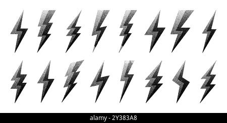 Collezione di icone Lightning bolt. Simbolo flash tratteggiato, thunderbolt. Semplice segno di fulmine. Ombreggiatura a punti, disegno. Illustrazione vettoriale Illustrazione Vettoriale