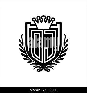 Logo DJ Letter, forma a scudo araldico con corona, scudo vintage su sfondo bianco Foto Stock