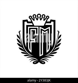 Logo FM Letter, forma a scudo araldico con corona, scudo vintage su sfondo bianco Foto Stock