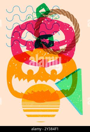 Risografo Jack o' Lantern con forme geometriche. Zucca e oggetti di Halloween in stile texture con stampa a grafico riso con elementi geometrici. Illustrazione Vettoriale