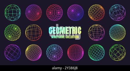 Forme a reticolo al neon, sfera rivestita. Mesh prospettica, griglia 3D. Elementi geometrici in poli basso. Elementi di design retrò futuristici, y2k, Vaporwave e. Illustrazione Vettoriale