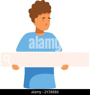 Questa illustrazione mostra un giovane che tiene in mano una barra di ricerca, simboleggiando la ricerca online e la ricerca di informazioni Illustrazione Vettoriale