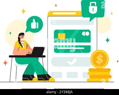 Merchant Services Vector illustrazione di una strategia di marketing digitale con persone che indirizzano le aziende e guadagnano denaro online in un contesto piatto Illustrazione Vettoriale