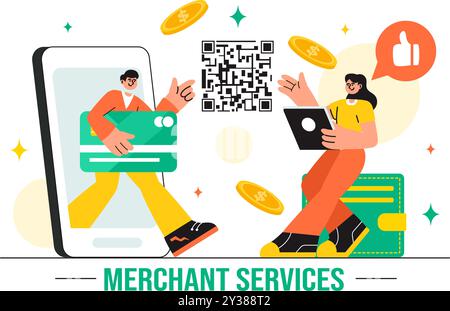 Merchant Services Vector illustrazione di una strategia di marketing digitale con persone che indirizzano le aziende e guadagnano denaro online in un contesto piatto Illustrazione Vettoriale