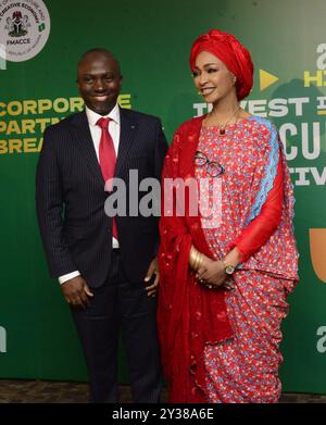 Ikoyi, Nigeria. 11 settembre 2024. L-R: Amministratore delegato/CEO di 9mobile Nigeria, Obafemi Banigbe e Ministro dell'Arte, della Cultura e dell'economia creativa, Barr. Hannatu Musa Musawa, durante la tavola rotonda "Corporate Partners" con Corporate Nigeria" del Ministero dell'Arte, della Cultura e dell'economia creativa per commercializzare il suo piano di crescita dell'economia creativa da 100 miliardi di dollari ai partner aziendali di Ikoyi, Lagos, Nigeria, l'11 settembre 2024. (Foto di Adekunle Ajayi) credito: NurPhoto SRL/Alamy Live News Foto Stock