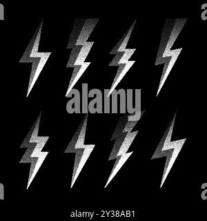 Collezione di icone Lightning bolt. Simbolo flash tratteggiato, thunderbolt. Semplice segno di fulmine. Ombreggiatura a punti, disegno. Illustrazione vettoriale Illustrazione Vettoriale