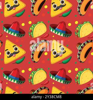 Colorato motivo senza cuciture con tacos e sombrero Illustrazione Vettoriale