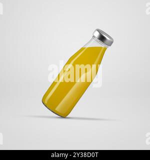 Modello di una bottiglia di vetro con succo di ananas, confezione lucida con bevanda colorata, presentazione diagonale, per design, branding. Vasetto per mockup con li Foto Stock