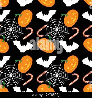 Zucche, pipistrelli, ragnatele e bastoncini di caramelle Illustrazione Vettoriale