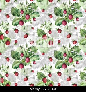 Fragola rossa selvatica con foglie e fiori su uno sfondo con un motivo d'ombra. Motivo senza cuciture ad acquerello disegnato a mano. Per design e arredamento, texti Foto Stock