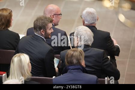 Torsby, Svezia. 13 settembre 2024. David Beckham al servizio funebre per l'allenatore di calcio Sven-Göran Eriksson nella chiesa di Fryksände a Torsby, Svezia, il 13 settembre 2024. Foto: Adam Ihse/TT/Code 9200 crediti: TT News Agency/Alamy Live News Foto Stock