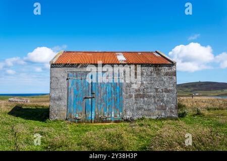 Una capanna con tetto in ferro ondulato rosso e porta blu sulla brughiera a Bressay, Shetland. Foto Stock