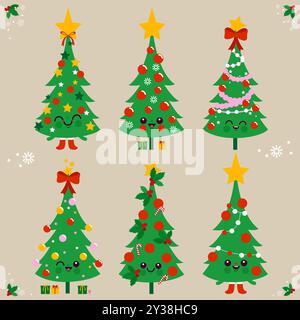 Carini alberi di Natale. Set di personaggi per le vacanze felici. Divertente albero di Natale dei cartoni animati. Adorabile collezione di mascotte. Foto Stock