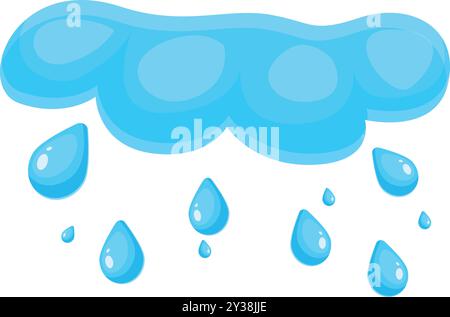 Illustrazione a cartoni animati di una nuvola blu che fa cadere gocce d'acqua, isolata su uno sfondo bianco Illustrazione Vettoriale