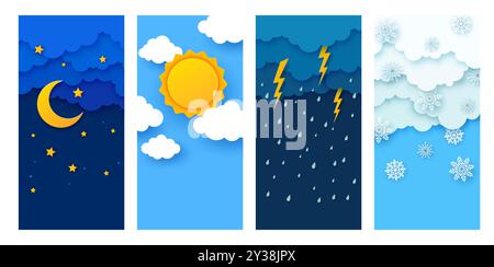 Carta meteo tagliata con pioggia vettoriale, nuvole, sole, neve e fulmini sullo sfondo del cielo diurno e notturno. Banner artistici origami dell'app previsioni meteo con carta a strati 3d tagliata nuvole, luna e stelle Illustrazione Vettoriale