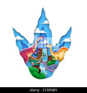 Impronta di dinosauro preistorico in stile cartaceo con personaggi lucertola giurassica, vettore di cartoni animati. Dinosauri e animali dino buffi preistorici per i bambini paleontologia e storia giurassica Illustrazione Vettoriale