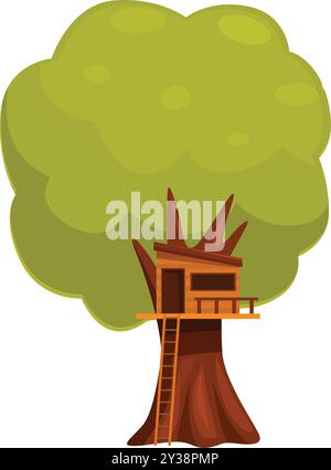 Casa sull'albero in legno che si erge in alto sul tronco dell'albero con una lussureggiante corona verde che illustra il concetto di gioco dei bambini Illustrazione Vettoriale